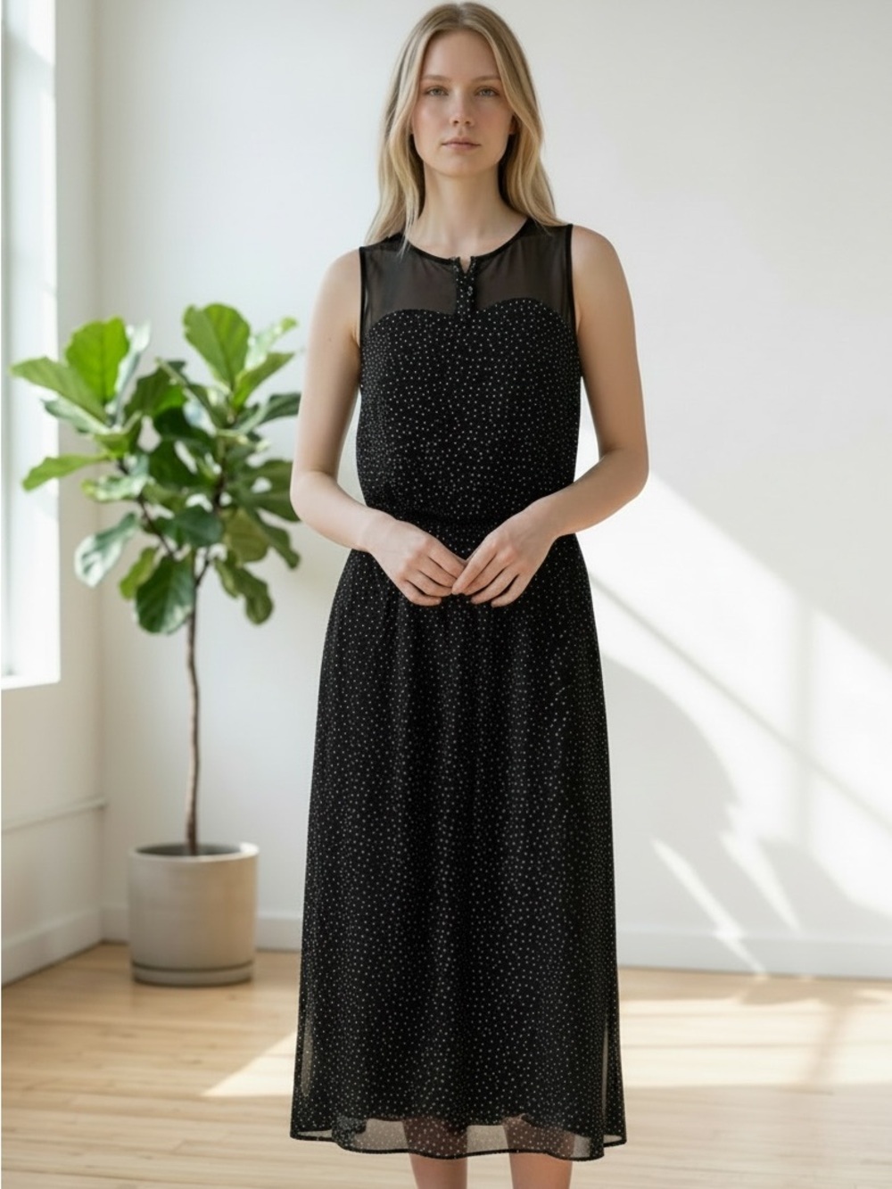 JACOB (XS) Sleeveless Black Polka Dot Midi Dress Mesh Flowy Lined Elastic Waist - Picture 15 of 15